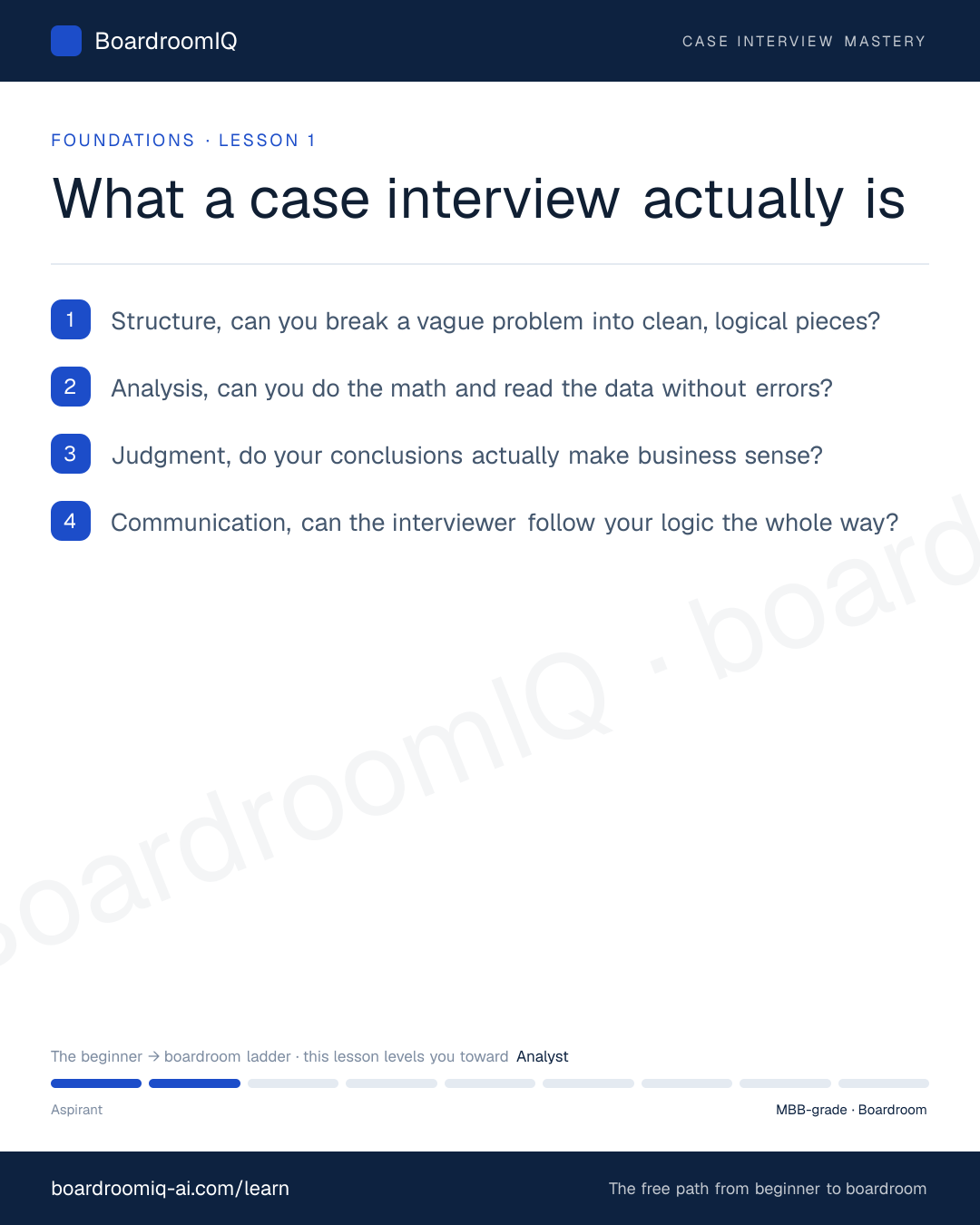 Infographic recap of the lesson "What a case interview actually is"