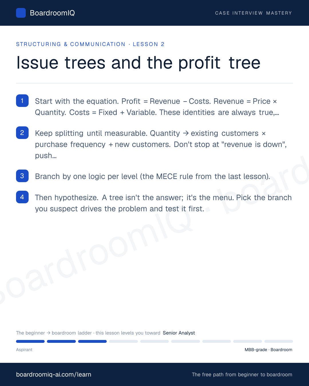 Infographic recap of the lesson "Issue trees and the profit tree"