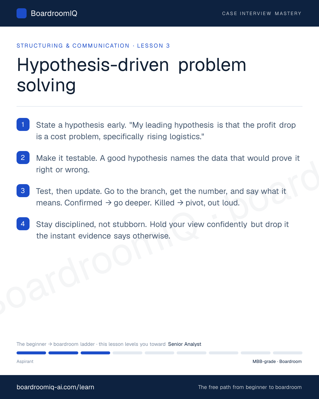 Infographic recap of the lesson "Hypothesis-driven problem solving"