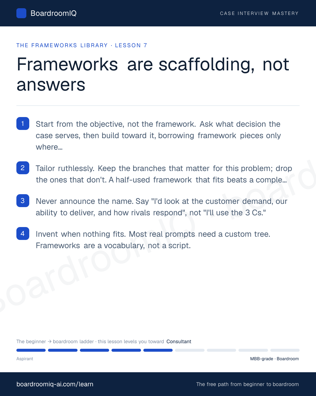 Infographic recap of the lesson "Frameworks are scaffolding, not answers"