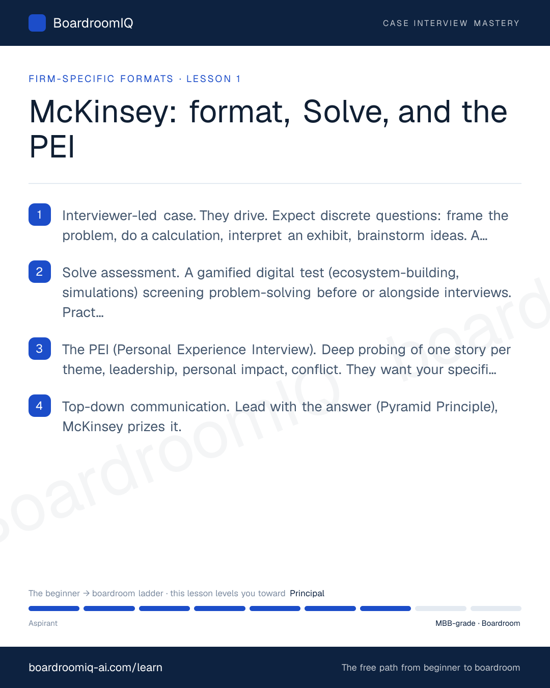 Infographic recap of the lesson "McKinsey: format, Solve, and the PEI"
