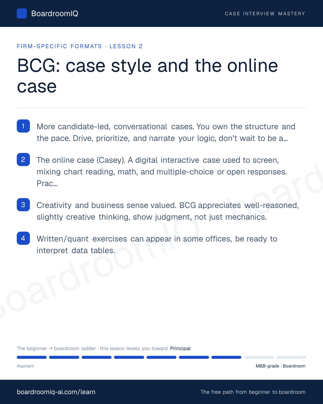 Infographic recap of the lesson "BCG: case style and the online case"
