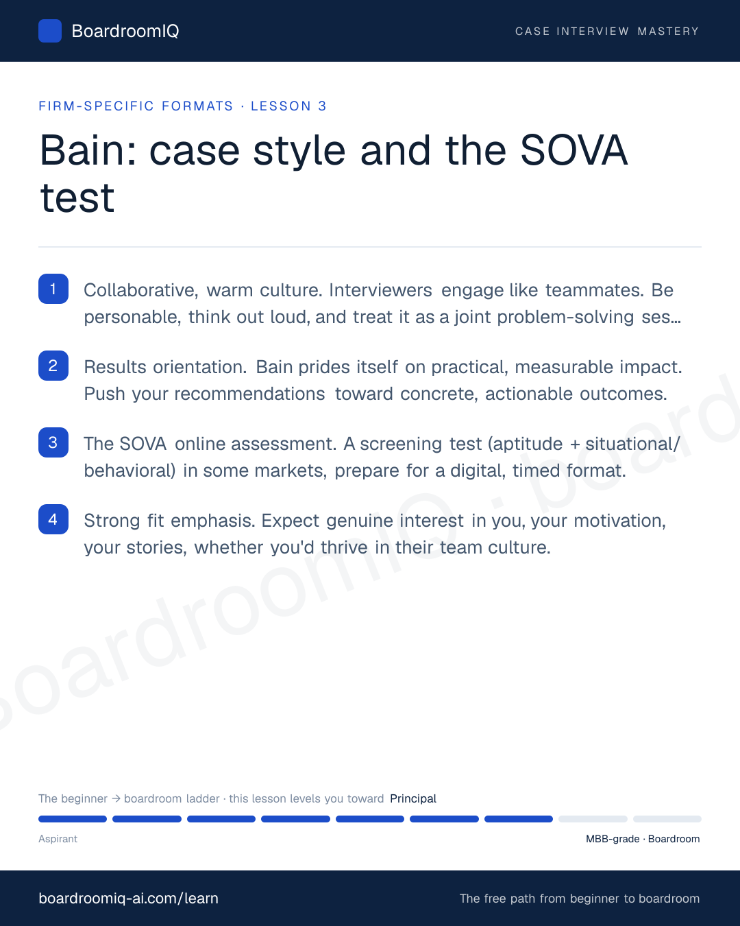 Infographic recap of the lesson "Bain: case style and the SOVA test"