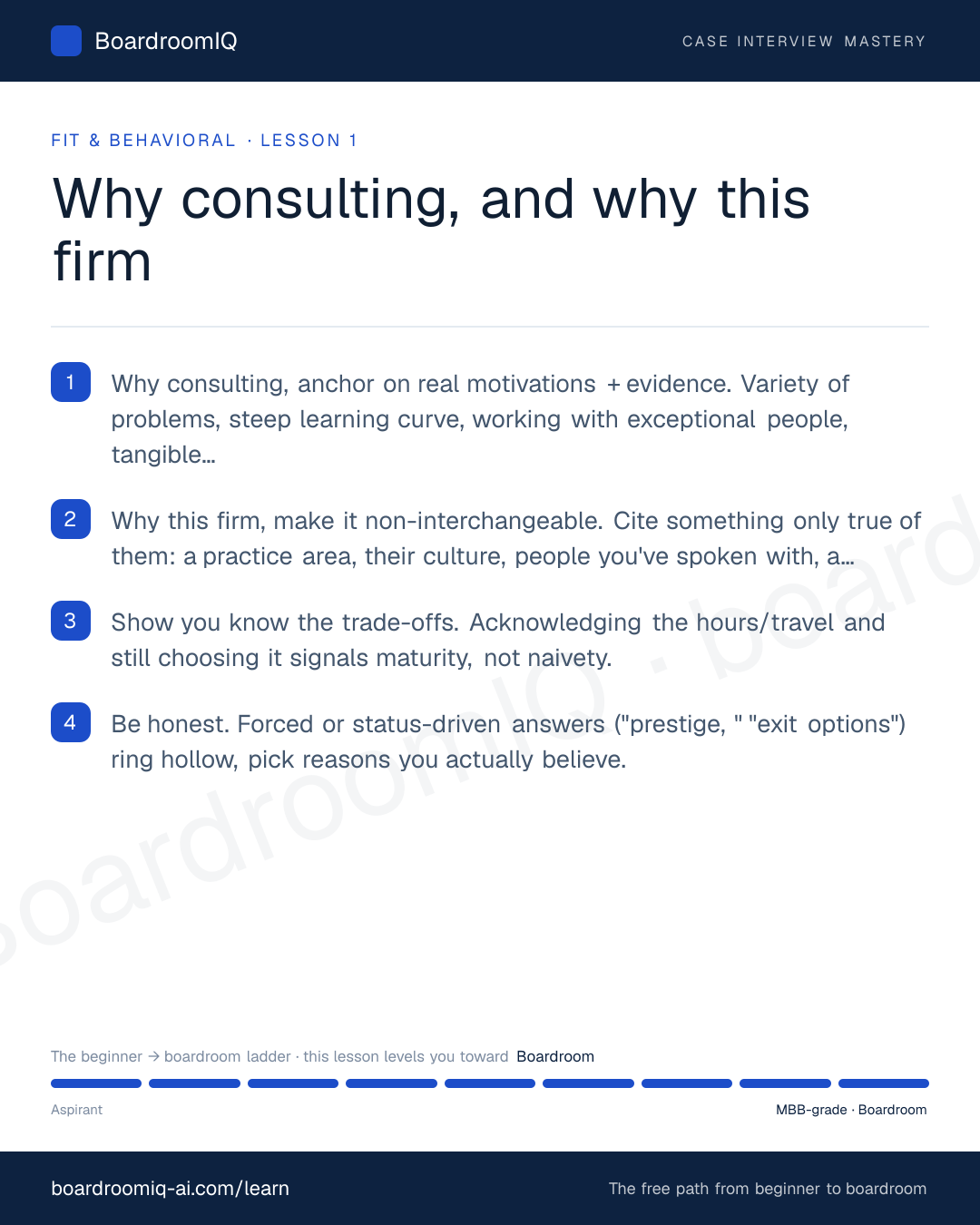 Infographic recap of the lesson "Why consulting, and why this firm"