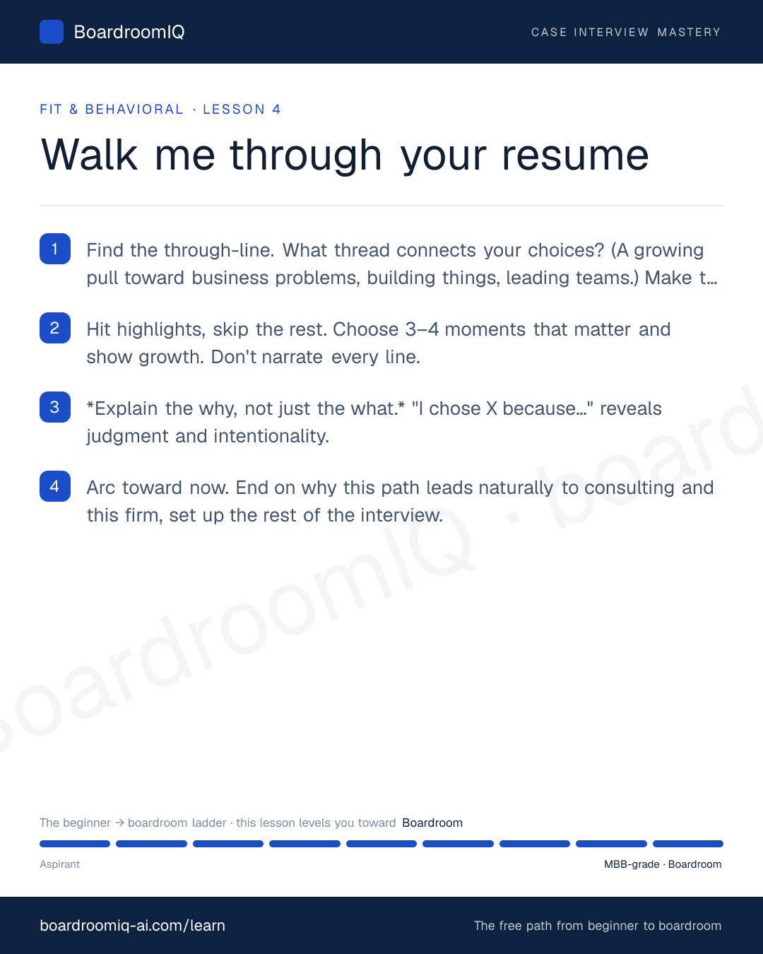 Infographic recap of the lesson "Walk me through your resume"